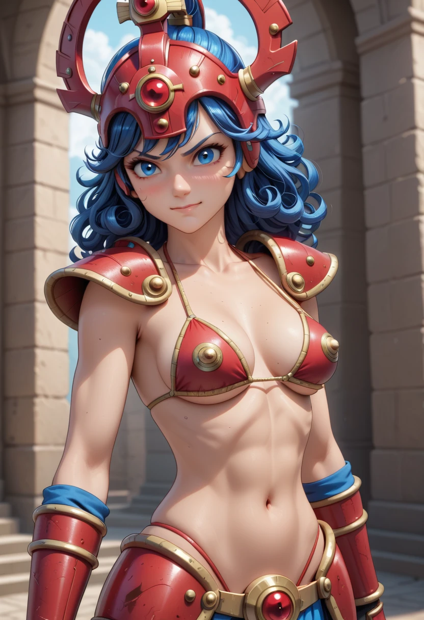 1girl, female warrior, dragon quest 3, red steel bikini armor, wing helmet, dark-blue hair, curly hair, serious face, smirk, medium breasts, strong, masterpiece quality, intricate detail, 4k resolution, ultra hd