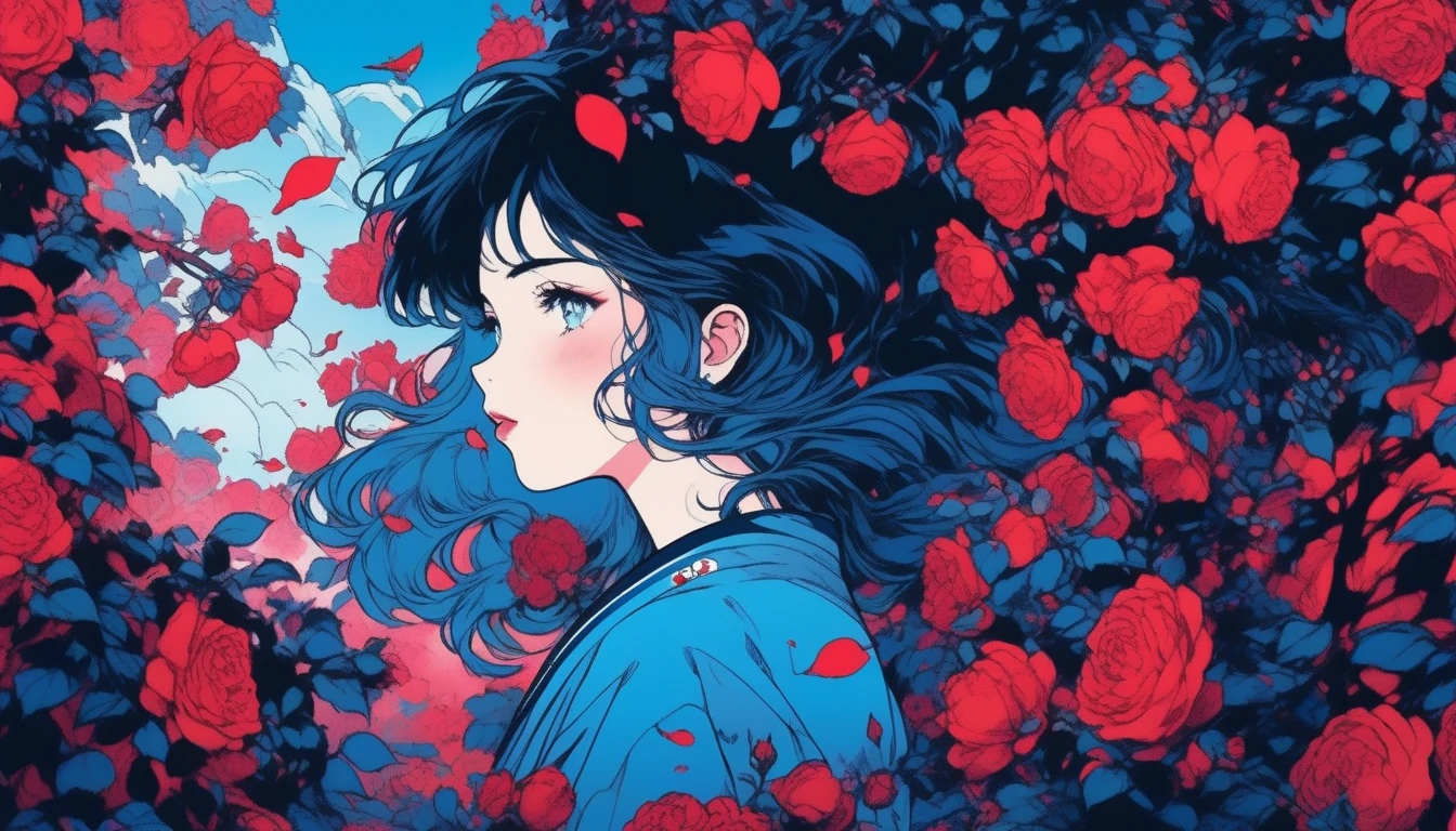 ilustrador, Japanese cartoons , Practical ,sketch , 1 Girl, ,lips, Order, Blue gradient background, Surrounded by roses and apples，Neon hair,Texture cropping, Canada, (In the flowers,best quality)，16:9 Landscape screen，