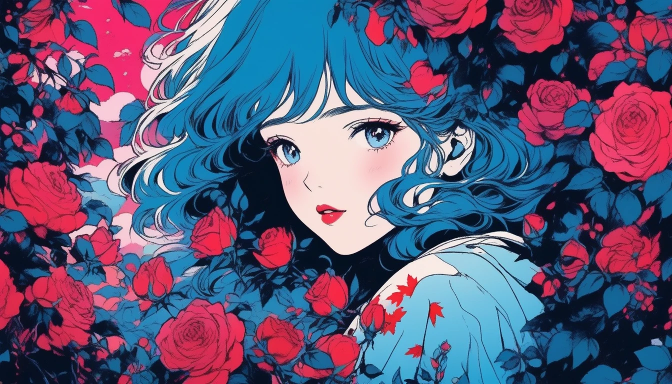 ilustrador, Japanese cartoons , Practical ,sketch , 1 Girl, ,lips, Order, Blue gradient background, Surrounded by roses and apples,Neon hair,Texture cropping, Canada, (In the flowers,best quality),16:9 Landscape screen,