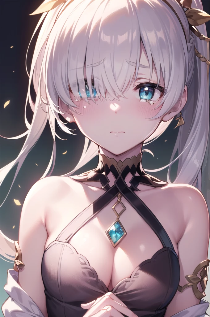 (((ponytail)))),((),fgo anastasia,((((Close your eyes)))), ((Both arms are tied behind their backs))blue eyes, Grey Hair, Hair between the eyes, (Hair on one eye:1.5), Long Hair, bangs,Exposed shoulders,Beautiful eyes like jewels,((((((Portrait of a single person)))))),((Are crying)),((Blushing)),
break , brown hair band, dress, , hair band,,, tachi-e,, 
break (masterpiece:1.2), Highest quality, High resolution, unity 8k wallpaper, (figure:0.8), (Beautiful attention to detail:1.6), Highly detailed face, Perfect lighting, Highly detailed CG, (Perfect hands, Perfect Anatomy),