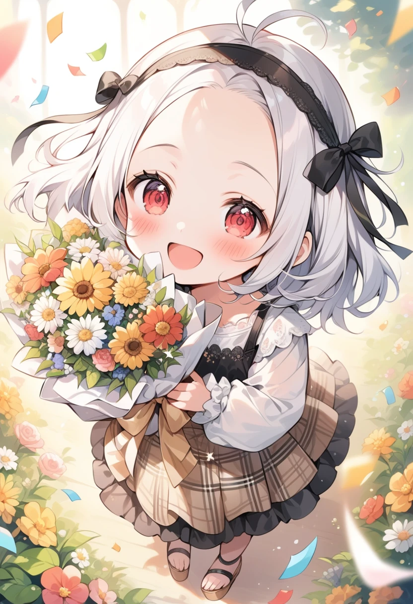 breathtalking Scenery, breathtalking Beauty, breathtalking Cute,scenery, (best quality, masterpiece:1.2), (ultra high quality:1.2),smooth soft skin, natural skin,watercolor,
BREAK
(forehead:1.2), excessive detailed forehead,(little female child:1.4),(loli:1.4), 6 years old, kawaii, baby face,(short white hair:1.3), curly hair, , antenna hair, chestnut mouth, red eyes,chibi,ultra cute face,(blush:1.3),highlight on eyes,puffy eyes,smile,
BREAK
layer of clothes,(black camisole:1.3) over (other color loose blouse:1.3), (burberry check patterned skirt:1.2),head band.Platform Sandals,
BREAK
(Hands holding flower bouquet:1.3),(Finger behind the bouquet:1.3), (Hands behind the bouquet:1.3),Ultra detailed flowers, (flowers background:1.1), (Flower bouquet:1.1), Falling petals,celebration,Congratulations,(blush:1.2),Confetti,Twinkle Star,Starshine,bloom effect, bow ribbon,Leaf carpet,smile,dust particles,dynamicangle,,kawaii,outdoors,flowergarden,flowerbackground,tiffany,Create a mesmerizing display of power and beauty,