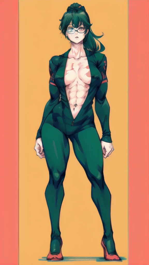 Full body image of Maki Zenin from Jujutsu Kaisen after the Zenin clan incident, full body in image, wearing her post-clan outfit (dark green jacket with sleeves torn off, harem pants, and black shoes, with glasses), long hair tied in a ponytail, female body, athletic and muscular body, visible scars on her face and arms, dynamic pose, detailed pose, simple background, expressive face showing determination, focus on face, line art, sketch