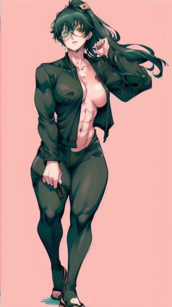Full body image of Maki Zenin from Jujutsu Kaisen after the Zenin clan incident, full body in image, wearing her post-clan outfit (dark green jacket with sleeves torn off, harem pants, and black shoes, with glasses), long hair tied in a ponytail, female body, athletic and muscular body, visible scars on her face and arms, dynamic pose, detailed pose, simple background, expressive face showing determination, focus on face, line art, sketch