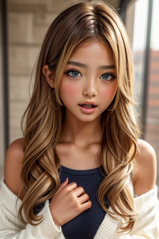 one girl, (((Open your mouth)))、Put your hand over your mouth、Beautiful breasts、 Put your chest close、Brown eyes, ((Gal Hairstyles)) blonde, girl, (Eye and facial details:1.0), break, (masterpiece, Highest quality, Very detailed, Detailed face, 8k)