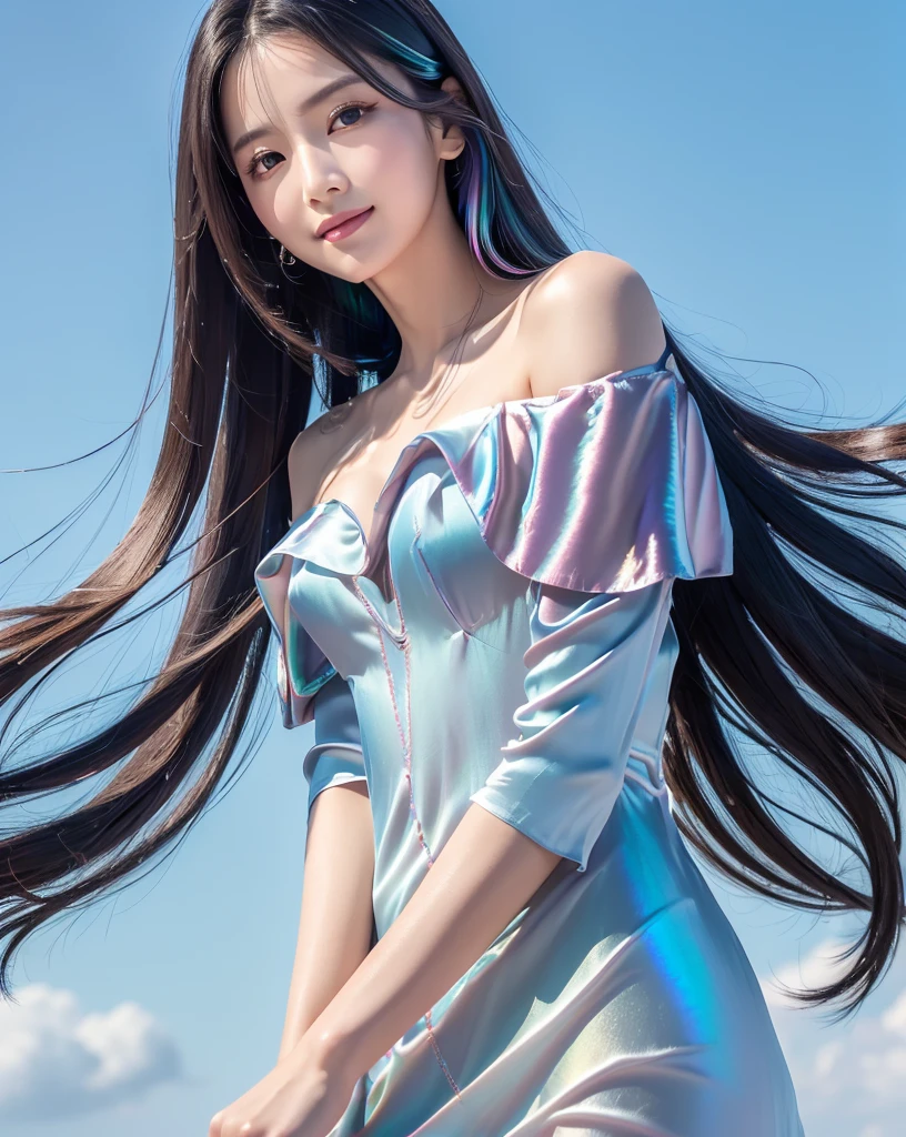 (Highest quality, 32K, High resolution, Masterpiece:1.5), marimo_jet, god々A photograph with brilliant dazzling and healing power., Evoking a sense of calm and elusive beauty, Expressing emotions, Have a rich imagination,Beautiful Japanese Girls, An exceptionally beautiful face, ((Low angle forward leaning:1.3)), Small Face Beauty, Perfect Human Anatomy, Magical big eyes, Motherhood and generosity, Deep Love, fleeting smile, ((Iridescent gradient hair:1.4)), ((Super Long Straight Silk Hair:1.3)), Asymmetrical bangs, Hair between the eyes, Transparent, soft white skin, Sharp eyebrows, Thin lashes, Natural Makeup, Cheek highlighter, Pale pink detailed lips, ((Blue off-shoulder dress:1.3)), High resolutionの完璧な鎖骨, High resolutionの美しい胸元, Slim figure with ample breasts, High resolutionの美しい太もも, ((Detailed blue sky background:1.2)), Professional Lighting, Professional photographer, Professional models, god秘的