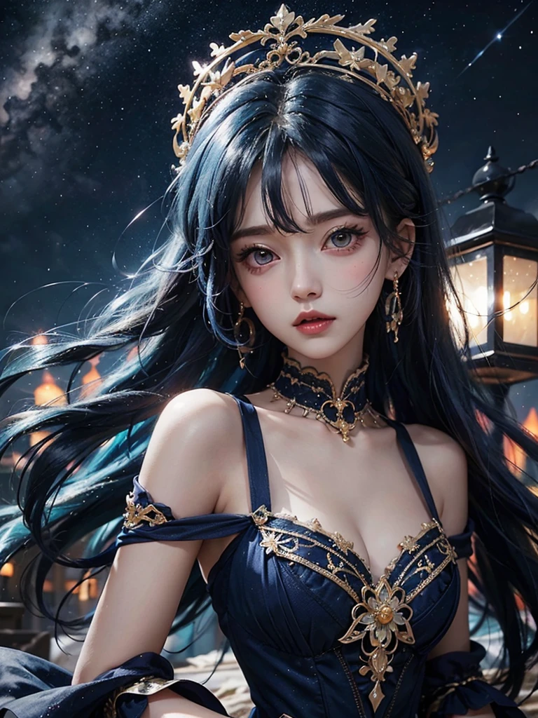 Ultra HD、A beautiful blue-haired character、Upper Body、可愛くBig eyes、Big eyes、Round eyes、Eyes like an idol、prayer、Red burning cheeks、Night scene with starry sky background、Wearing a gorgeous dress、Subtle details、A fantastic atmosphere、Anime style