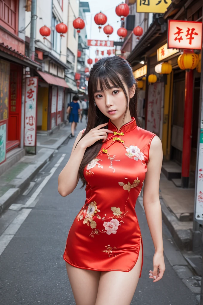 (8k, RAW photo, best quality, masterpiece:1.2), (realistic, photo-realistic:1.4), (extremely detailed 8k wallpaper), Japanese 20 age woman,she is wearing a cheongsam,The background is Chinatown,Her beautiful legs attract attention from all around her.She is embarrassed by the gaze of those around her