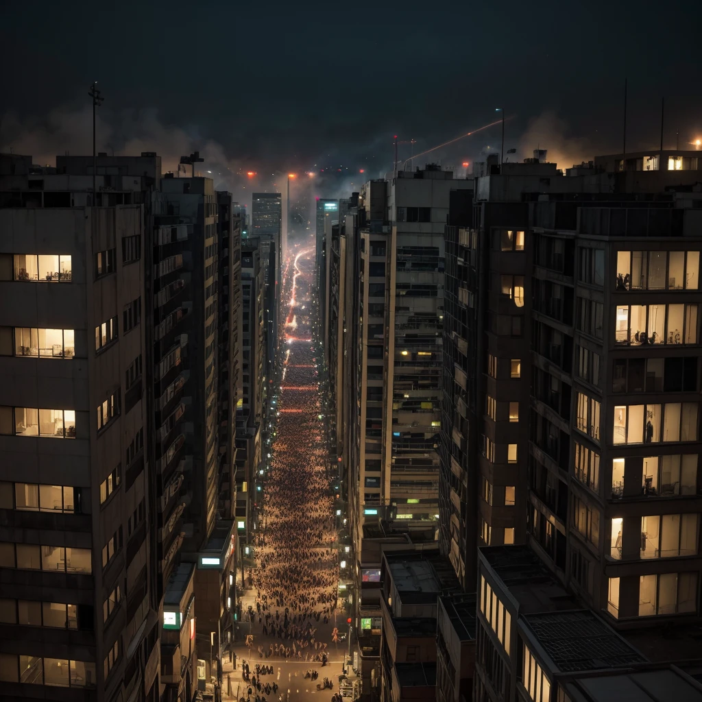 Panoramic image of a city under attack by a border of zombies, during at night, joe mature style, Line art, colorfully, hq-style,