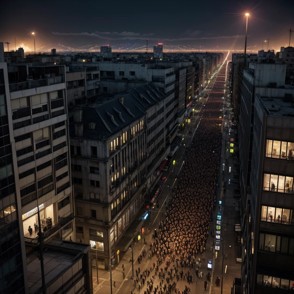 Panoramic image of a city under attack by a border of zombies, during at night, joe mature style, Line art, colorfully, hq-style,