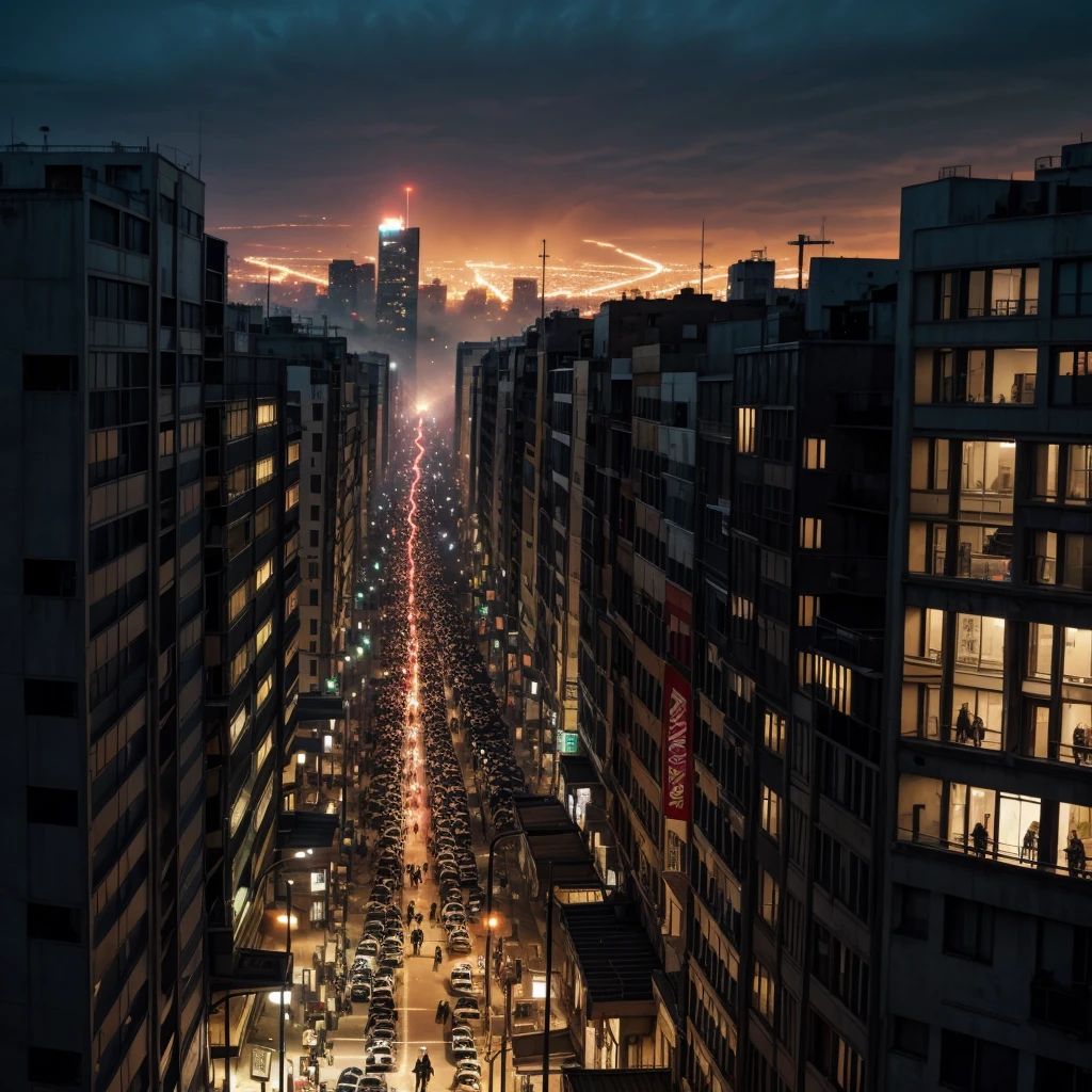 Panoramic image of a city under attack by a border of zombies, during at night, joe mature style, Line art, colorfully, hq-style,