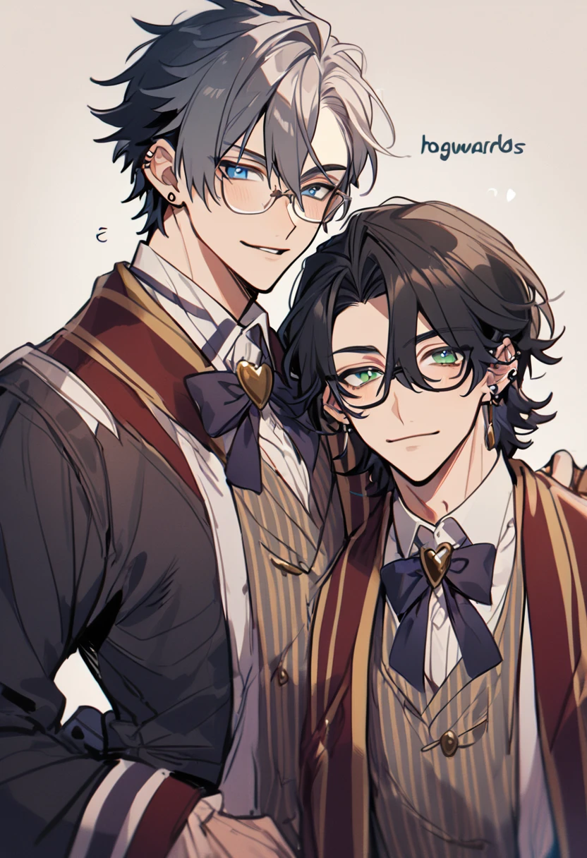 (2 guys, gay couple) (Male,5'4,pierced ears,light skin,blue eyes, white long hair half up half down,hogwards uniform) and (Male,5'8,glasses,light skin,green eyes,messy black hair,hogwards uniform)