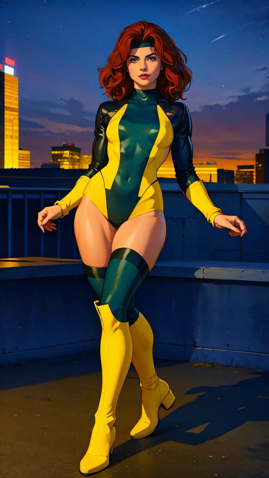 ((Full body photo, standing, feet on the floor)) (best quality,4k,8k,highres,masterpiece:1.2),ultra-detailed,(realistic,photorealistic,photo-realistic:1.37),full body shot,Rogue,X-Men,yellow thigh high boots,beauty pose, standing tall, show feet, outside, city rooftop at night, green headband