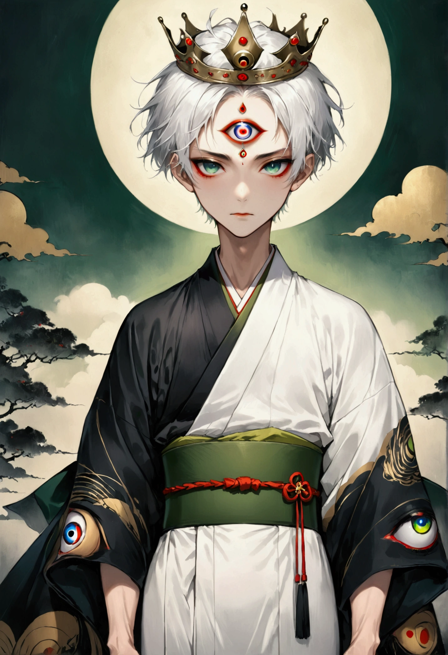 (((1Boy wearing a crown，独奏，third eye on the forehead，Dark eyeshadow.Middle-parted white hair-super short hair，))),(((Gorgeous Japanese kimono：1.6，Eye Diagram，Dark Pattern))).(((Thin waist，Greenbelt：1.37)))，cool