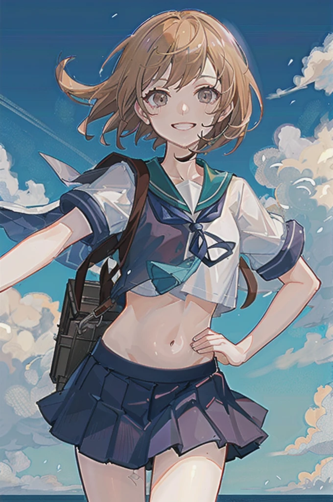 oboro \(Kantai Collection\), One girl, alone, skirt, , Seraphim, blue skirt, pleated skirt, White Background, Sailor collar, Simple Background, belly button, View your viewers, blue Sailor collar, Cowboy Shot, smile, abdomen, Short sleeve, shirt, abdomen peek, white shirt, original, Intricate details, figure, masterpiece, Highly detailed CG Unity 8k wallpaper, highlight, whet, dynamic,  