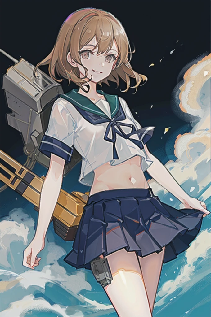 oboro \(Kantai Collection\), One girl, alone, skirt, , Seraphim, blue skirt, pleated skirt, White Background, Sailor collar, Simple Background, belly button, View your viewers, blue Sailor collar, Cowboy Shot, smile, abdomen, Short sleeve, shirt, abdomen peek, white shirt, original, Intricate details, figure, masterpiece, Highly detailed CG Unity 8k wallpaper, highlight, whet, dynamic,  