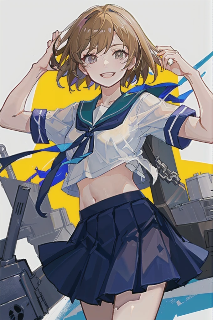 oboro \(Kantai Collection\), One girl, alone, skirt, , Seraphim, blue skirt, pleated skirt, White Background, Sailor collar, Simple Background, belly button, View your viewers, blue Sailor collar, Cowboy Shot, smile, abdomen, Short sleeve, shirt, abdomen peek, white shirt, original, Intricate details, figure, masterpiece, Highly detailed CG Unity 8k wallpaper, highlight, whet, dynamic,  