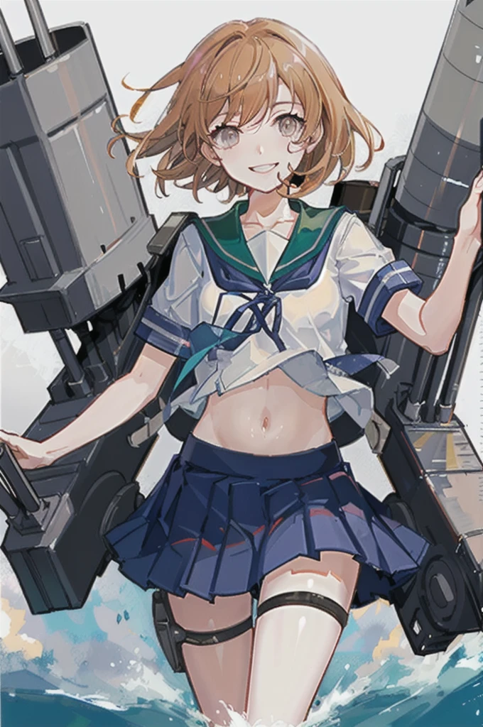 oboro \(Kantai Collection\), One girl, alone, skirt, , Seraphim, blue skirt, pleated skirt, White Background, Sailor collar, Simple Background, belly button, View your viewers, blue Sailor collar, Cowboy Shot, smile, abdomen, Short sleeve, shirt, abdomen peek, white shirt, original, Intricate details, figure, masterpiece, Highly detailed CG Unity 8k wallpaper, highlight, whet, dynamic,  