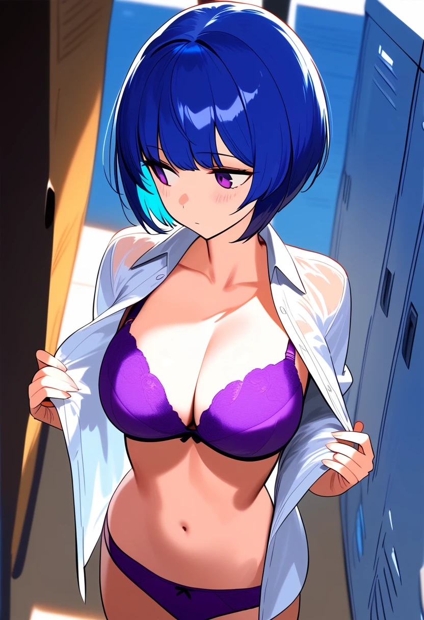 masterpiece, Highest quality, Expressionless, 1 girl, 、Locker Room、Change of clothes、Open shirt、Purple panties(((Blue Hair)))　　((Purple Bra))　Big Breasts　Short Hair　Look away　From above
