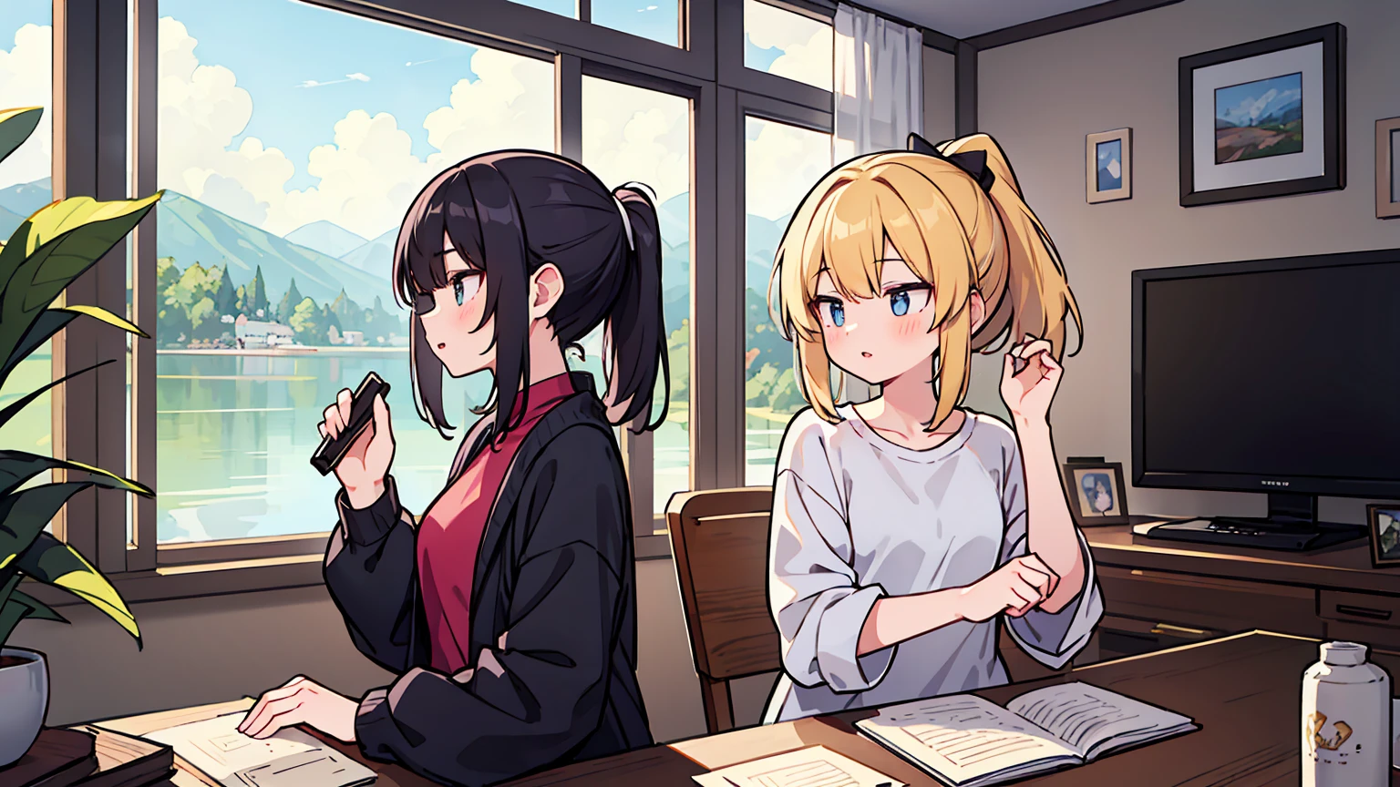 (masterpiece, best quality),Two women with different faces and hairstyles, different hair colors, different faces, ponytail, perfection of fashion,chapped lips, casual attire, whole body, from the side,You can see the sky and lake outside the full-length window., The interior design is magnificent.,study at the table, eyes look at the note, together, stylish outfit,