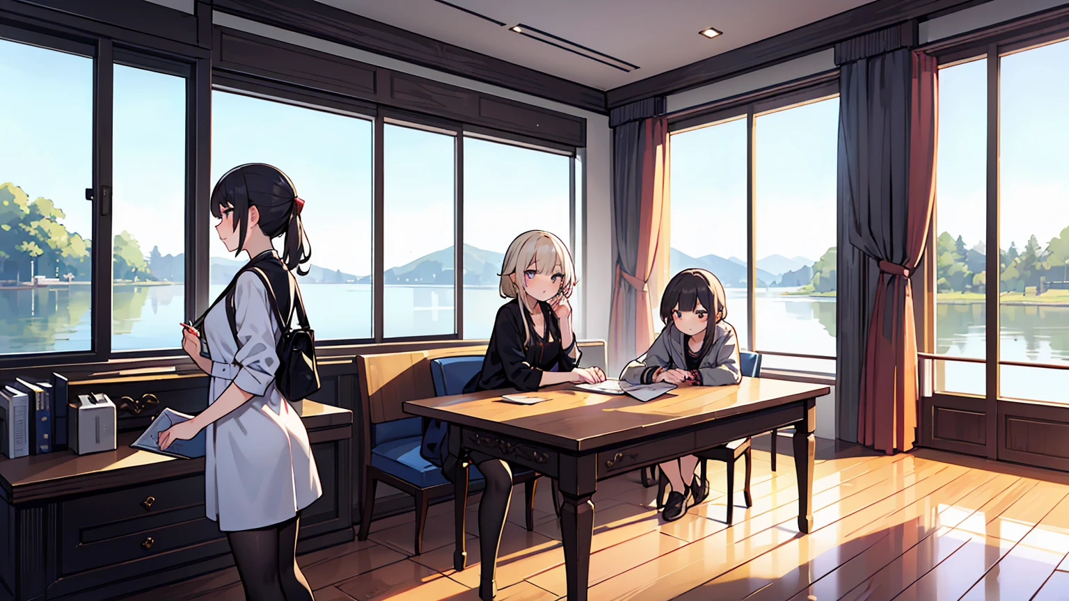 (masterpiece, best quality),Two women with different faces and hairstyles, different hair colors, different faces, ponytail, perfection of fashion,chapped lips, casual attire, whole body, from the side,You can see the sky and lake outside the full-length window., The interior design is magnificent.,study at the table, eyes look at the note, together, stylish outfit,
