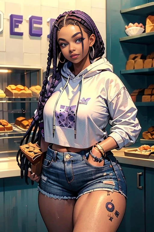 (black woman, round face, brown skin, sexy body, wavy purple hair [with eye glasses of black], ultra realistic eyes big light brown eyes, jeans and blank black baggy tshirt, subtle Mona Lisa smile) standing up alone, purple hair)

(best quality, 4k, high-res, masterpiece:1.2), ultra-detailed, realistic:1.37, HDR,  vivid colors, bokeh)

(portraits, African-American art, contemporary)

(hints of purple and blue, warm and vibrant color palette)

(realistic lighting, Radiosity, Close UP, emphasizing the facial features)

Please generate a Stable Diffusion prompt based on the given description above.