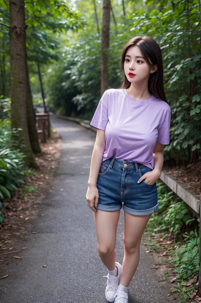 A very cute girl, solo, young, wearing purple tshirt and short pants, big breasts, white and smooth skin, standing, long hairs, red lip, at forest realistic face, full body, blue shoes