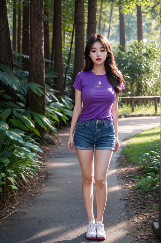 A very cute girl, solo, young, wearing purple tshirt and short pants, big breasts, white and smooth skin, standing, long hairs, red lip, at forest realistic face, full body, blue shoes