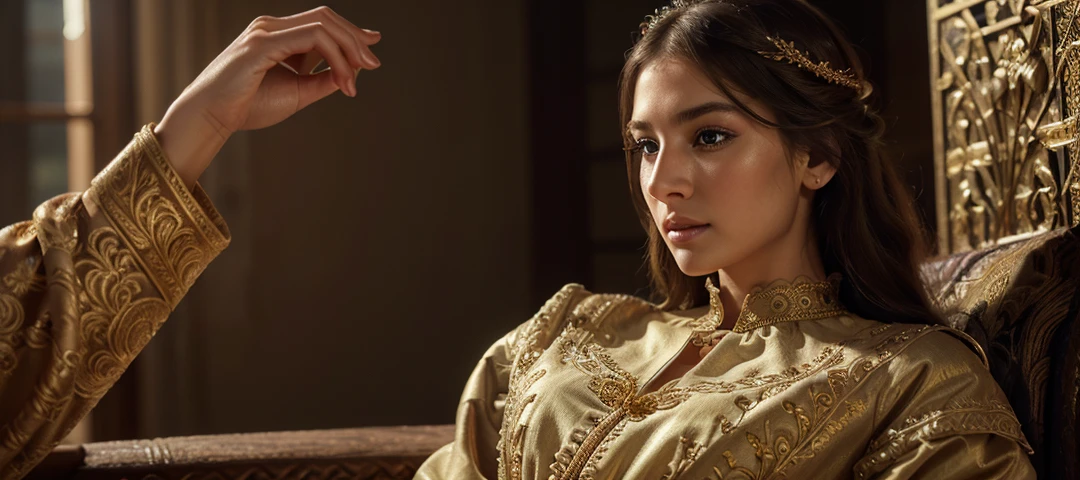 1girl, beautiful detailed eyes, beautiful detailed lips, extremely detailed face and features, long eyelashes, elegant pose, serene expression, intricate and ornate dress, medieval fantasy setting, golden embroidery, flowing fabric, dramatic lighting, cinematic composition, digital painting, photorealistic, award winning, 8k, ultra-detailed, highly detailed, masterpiece
