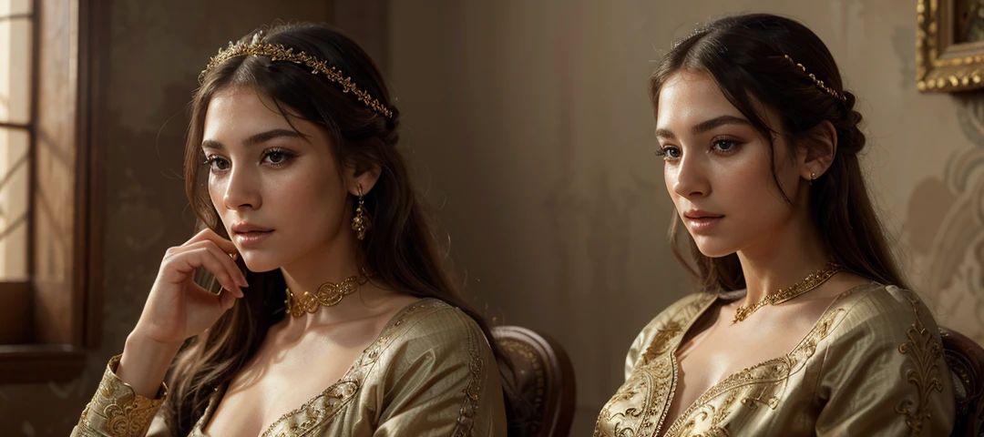 1girl, beautiful detailed eyes, beautiful detailed lips, extremely detailed face and features, long eyelashes, elegant pose, serene expression, intricate and ornate dress, medieval fantasy setting, golden embroidery, flowing fabric, dramatic lighting, cinematic composition, digital painting, photorealistic, award winning, 8k, ultra-detailed, highly detailed, masterpiece