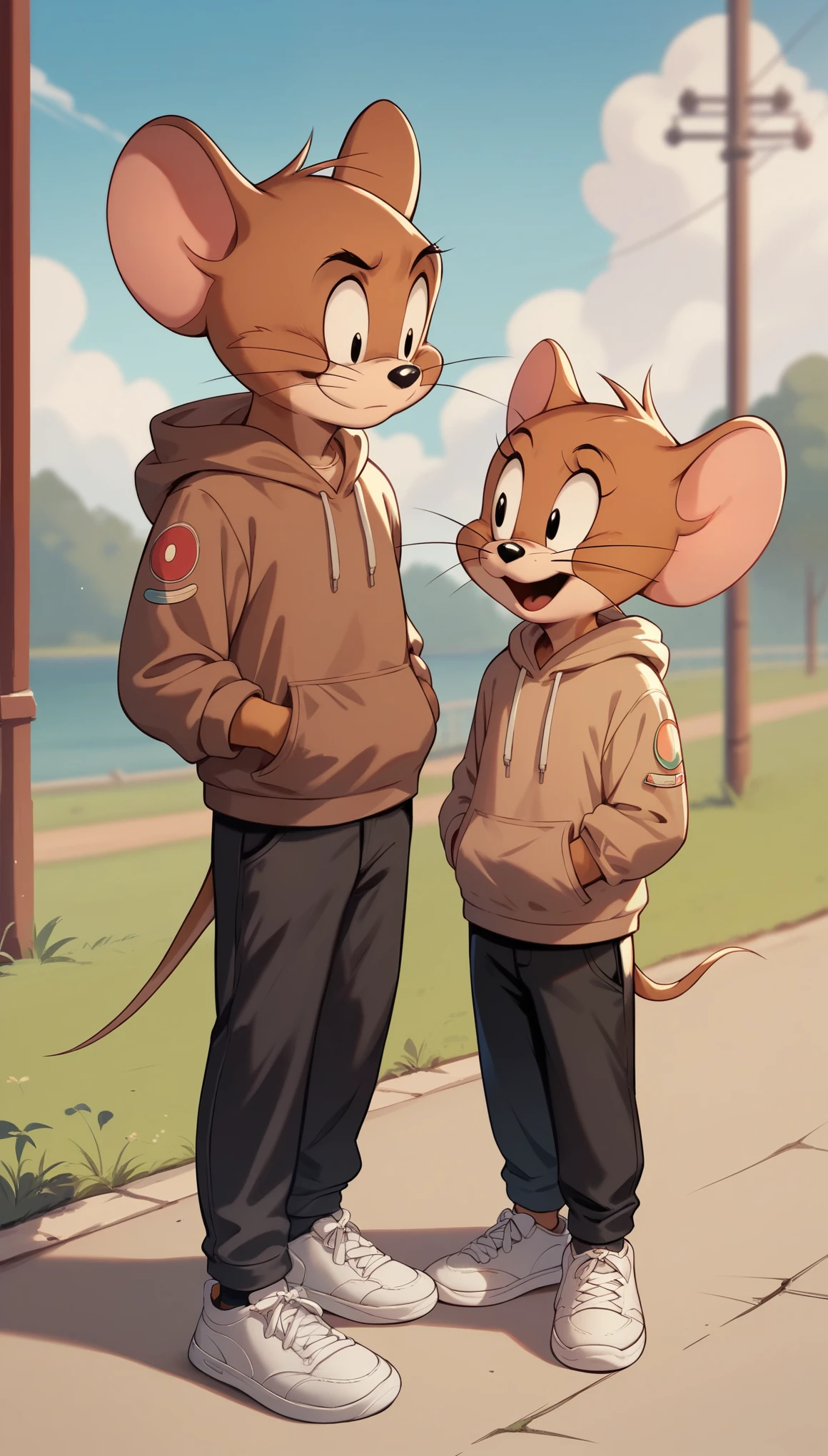 Fraction_9, Fraction_8, Fraction_9, Jerry, mouse, outdoor, charming,Brown hoodie,Black pants,White sneakers,whole body