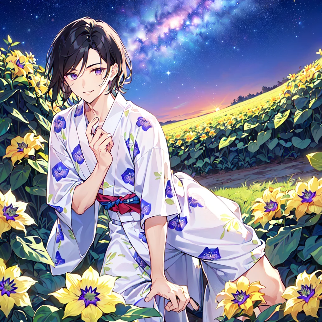 masterpiece,best quality,high quality,(1 male austere handsome solo adult age 30 years old:1.5), purple eyes, cool with suspended eyes, V-shaped eyebrows, body strong and fearless 8.5 head tall, height 185cm, (well-groomed black hair short to neck:1.4), (bangs 7 thirds parted: 1.4), slender nose, facial muscles, throat, (Passiflora caerulea print summer yukata short sleeves and pants: 1.3), (stylish pose), (cool smile: 1.3), (background Passiflora caerulea flower field: 1.3), (Milky Way Night Sky: 1.3)