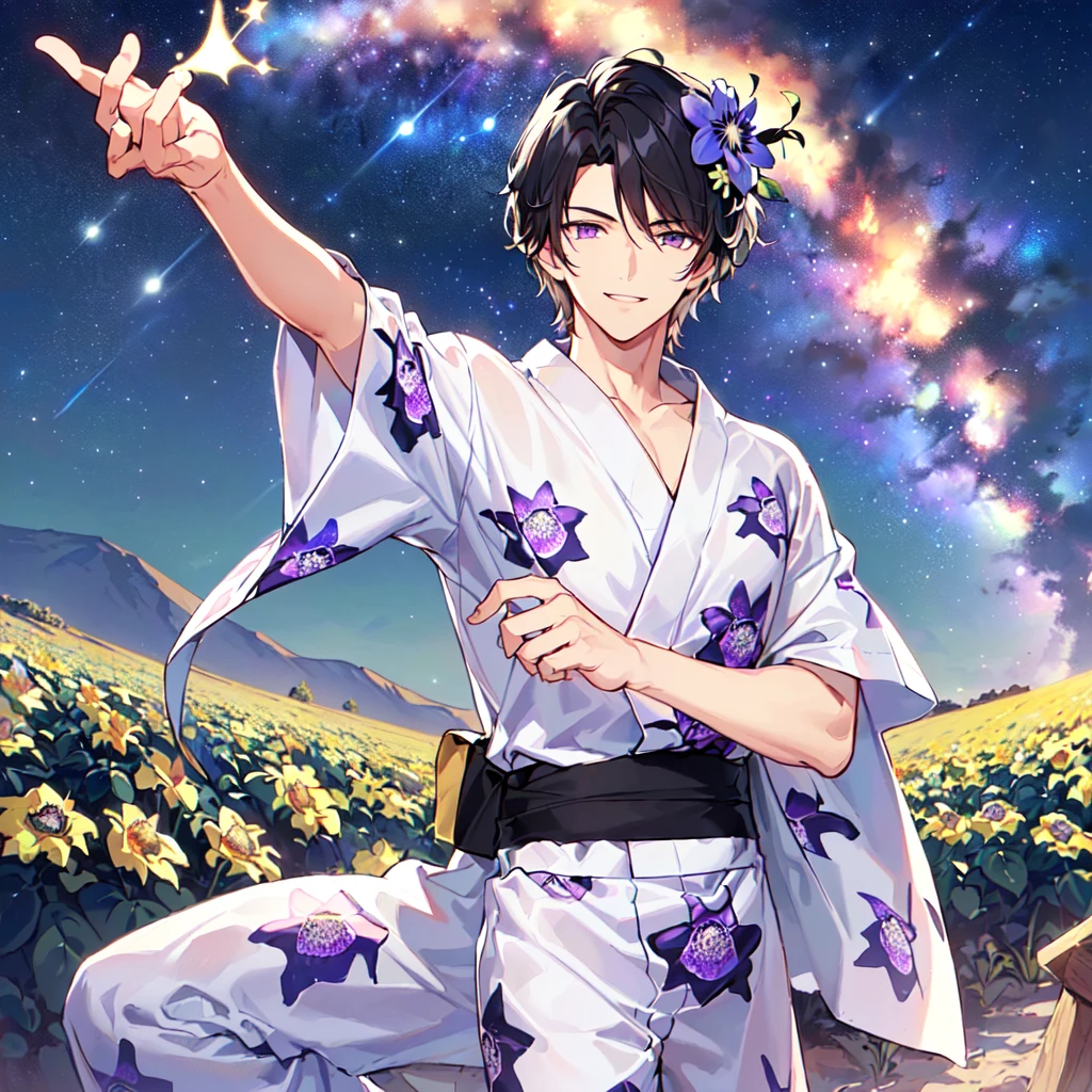 masterpiece,best quality,high quality,(1 male austere handsome solo adult age 30 years old:1.5), purple eyes, cool with suspended eyes, V-shaped eyebrows, body strong and fearless 8.5 head tall, height 185cm, (well-groomed black hair short to neck:1.4), (bangs 7 thirds parted: 1.4), slender nose, facial muscles, throat, (Passiflora caerulea print summer yukata short sleeves and pants: 1.3), (stylish pose), (cool smile: 1.3), (background Passiflora caerulea flower field: 1.3),  (Milky Way Night Sky: 1.3)