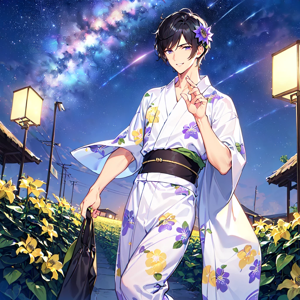masterpiece,best quality,high quality,(1 male austere handsome solo adult age 30 years old:1.5), purple eyes, cool with suspended eyes, V-shaped eyebrows, body strong and fearless 8.5 head tall, height 185cm, (well-groomed black hair short to neck:1.4), (bangs 7 thirds parted: 1.4), slender nose, facial muscles, throat, (Passiflora caerulea print summer yukata short sleeves and pants: 1.3), (stylish pose), (cool smile: 1.3), (background Passiflora caerulea flower field: 1.3), (Milky Way Night Sky: 1.3)