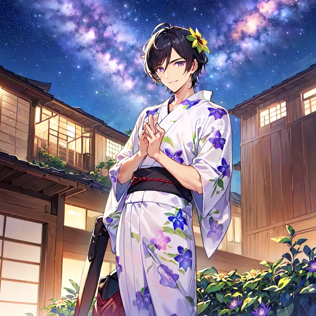 masterpiece,best quality,high quality,(1 male austere handsome solo adult age 30 years old:1.5), purple eyes, cool with suspended eyes, V-shaped eyebrows, body strong and fearless 8.5 head tall, height 185cm, (well-groomed black hair short to neck:1.4), (bangs 7 thirds parted: 1.4), slender nose, facial muscles, throat, (Passiflora caerulea print summer yukata short sleeves and pants: 1.3), (stylish pose), (cool smile: 1.3), (background Passiflora caerulea flower field: 1.3), (Milky Way Night Sky: 1.3)