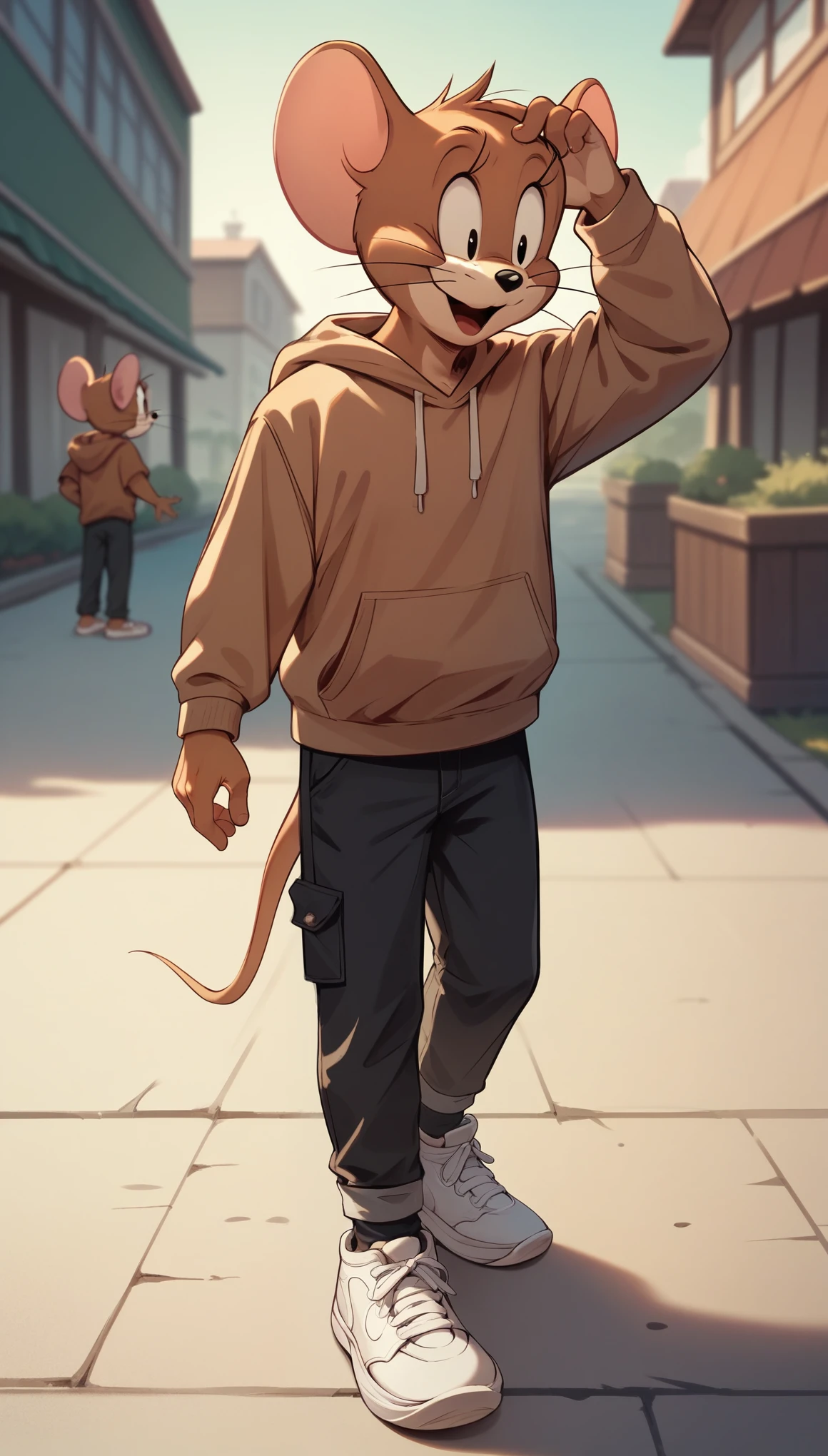 Fraction_9, Fraction_8, Fraction_9, Jerry, mouse, outdoor, charming,Brown hoodie,Black pants,White sneakers,whole body