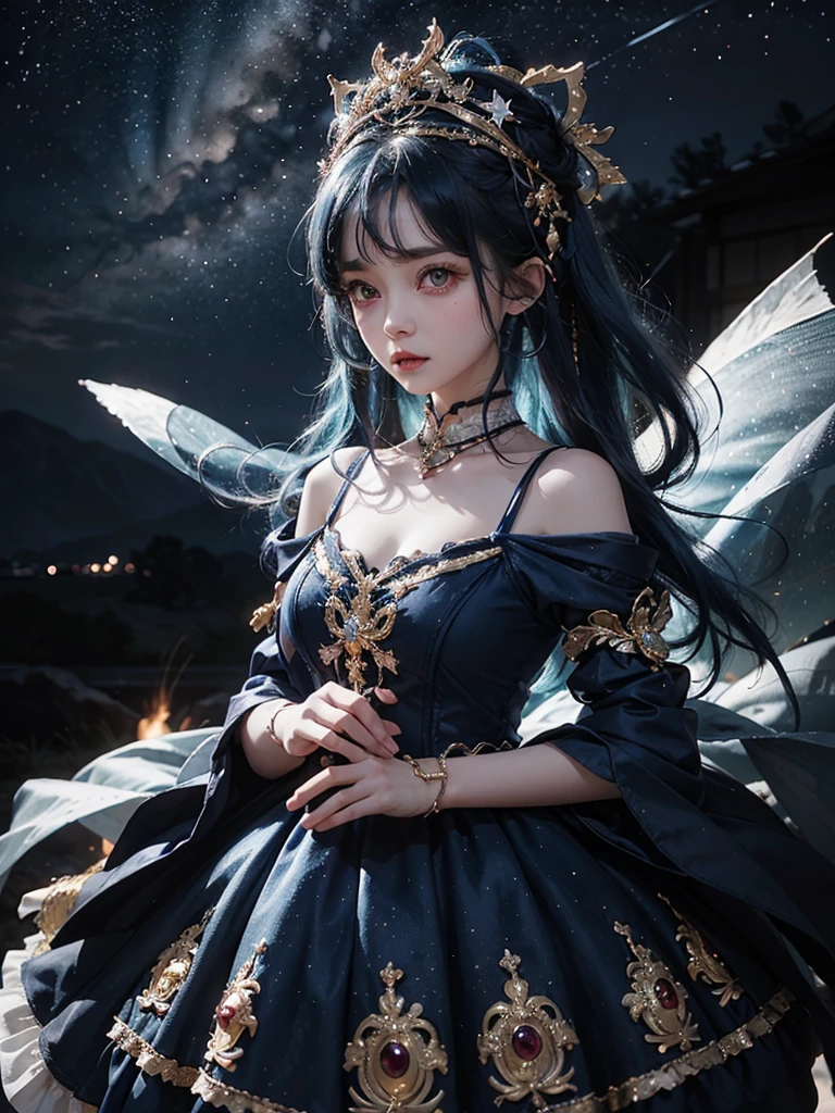 Ultra HD、A beautiful blue-haired character、Upper Body、幼児のようなBig eyes、Big eyes、Round eyes、Big eyes、prayer、Red burning cheeks、Night scene with starry sky background、Wearing a gorgeous dress、Subtle details、A fantastic atmosphere、Anime style