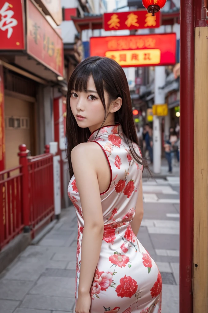 (8k, RAW photo, best quality, masterpiece:1.2), (realistic, photo-realistic:1.4), (extremely detailed 8k wallpaper), Japanese 20 age woman,she is wearing a cheongsam,The background is Chinatown,Her beautiful legs attract attention from all around her.She is embarrassed by the gaze of those around her