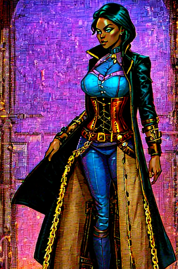 Butch Henchwoman, black skin, drow,brass,coat,steampunk,corset,straps