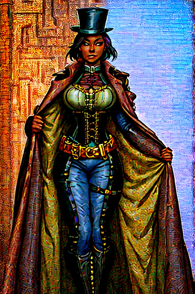 Butch Henchwoman, black skin, drow,brass,coat,steampunk,corset,straps