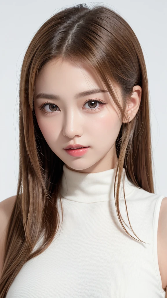 (((forehead、Northern Europe、White、beautiful girl、ホワイトblonde、White Background、High neck sleeveless、cute、young、True Face、Shiny Hair、whole body)))、Tabletop, Highest quality, shape, Very detailed, finely, High resolution, 8k wallpaper, Perfect dynamic composition, finelyて美しい目, Deco Out,blonde, chest, Natural color lip,White Background, random cute poses,