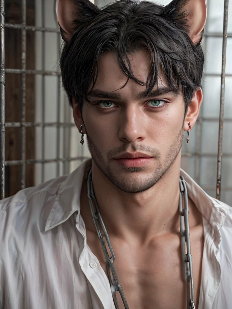 1 boy, portrait, earrings, One,lips,  male focus, I look at the viewer, Black shaggy hair, Light green eyes, guy in torn white clothes, tall and muscular guy with cat ears in a cage in chains. Slavery, fantasy,