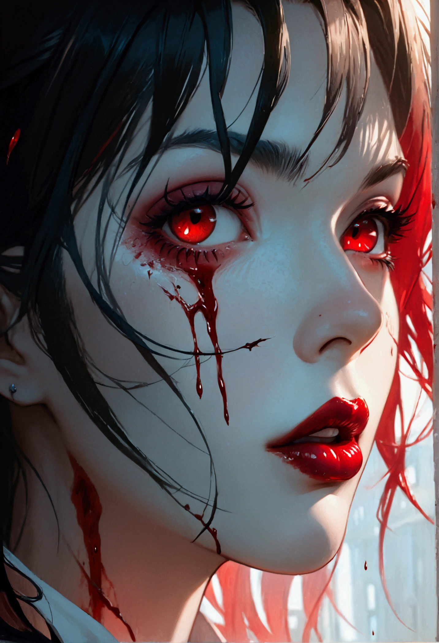 portrait of vampire with a bloody tear coming down from he eye, an exotic beautiful female vampire, dynamic hair color, dynamic hair style, ultra detailed face, best detailed face, dynamic eye color, ((1single red tear made of blood coming down from the)), Ultra-high resolution, High Contrast, (masterpiece:1.5), highest quality, Best aesthetics), 16K fantasy art, best details, best quality, highres, (ultra wide angle: 1.2), 16k, [ultra detailed], masterpiece, best quality, (extremely detailed), ladyshadow,