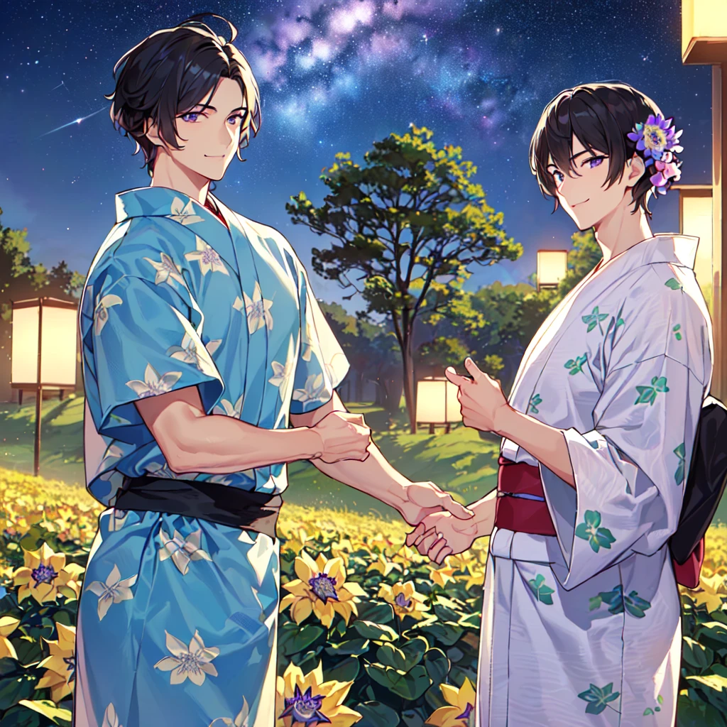 masterpiece,best quality,high quality,(1 male austere handsome solo adult age 30 years old:1.5), purple eyes, cool with suspended eyes, V-shaped eyebrows, body strong and fearless 8.5 head tall, height 185cm, (well-groomed black hair short to neck:1.4), (bangs 7 thirds parted: 1.4), slender nose, facial muscles, throat, (Passiflora caerulea print summer yukata short sleeves and pants: 1.3), (stylish pose), (cool smile: 1.3), (background Passiflora caerulea flower field: 1.3), (Milky Way Night Sky: 1.3)