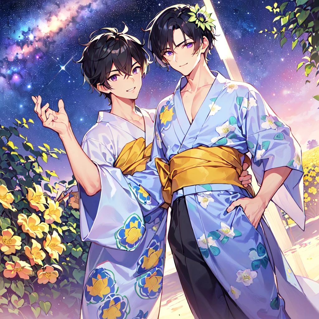 masterpiece,best quality,high quality,(1 male austere handsome solo adult age 30 years old:1.5), purple eyes, cool with suspended eyes, V-shaped eyebrows, body strong and fearless 8.5 head tall, height 185cm, (well-groomed black hair short to neck:1.4), (bangs 7 thirds parted: 1.4), slender nose, facial muscles, throat, (Passiflora caerulea print summer yukata short sleeves and pants: 1.3), (stylish pose), (cool smile: 1.3), (background Passiflora caerulea flower field: 1.3), (Milky Way Night Sky: 1.3)