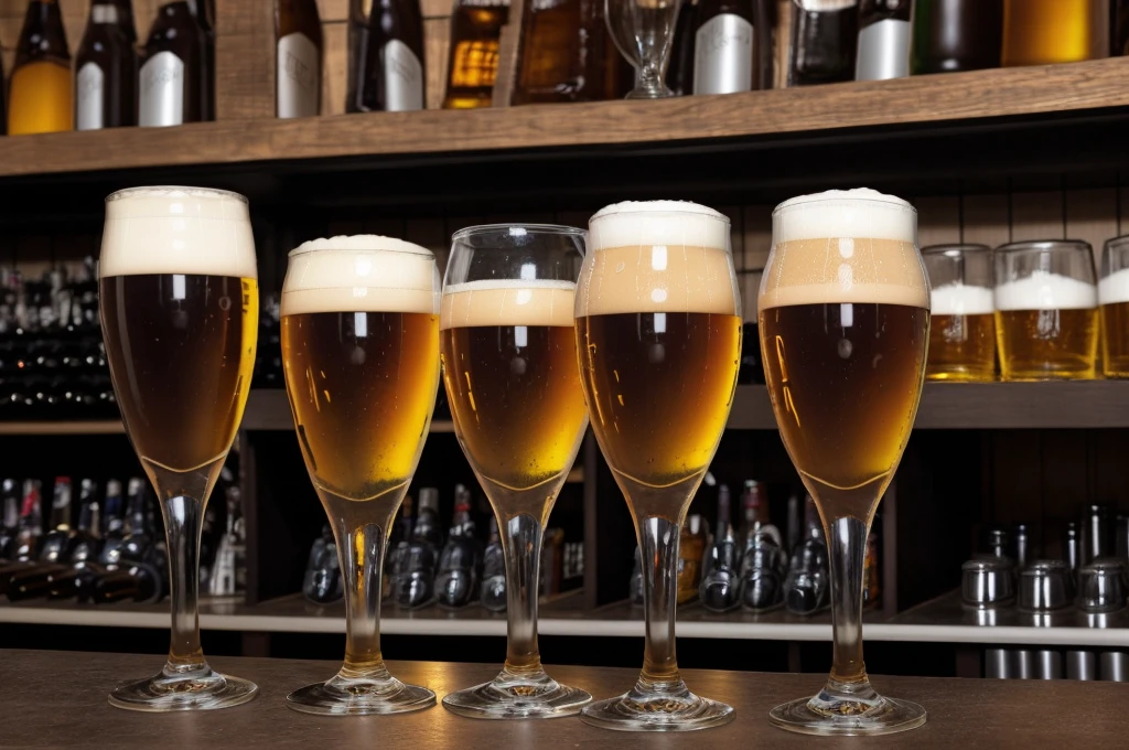 a row of beer glasses sitting on top of a bar, a stock photo, shutterstock, black and brown colors, photo realistic style, navy, high quality product image”