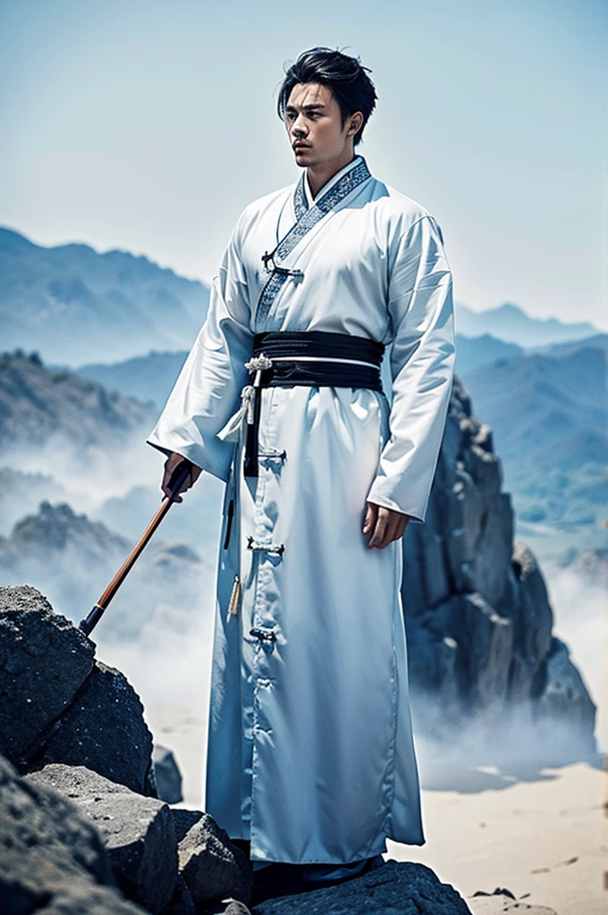 a handsome young man in ancient chinese clothing standing on a cliff, looking up at the sky with his hands behind his back, ink wash painting style, anime character, three chinese characters on the right side