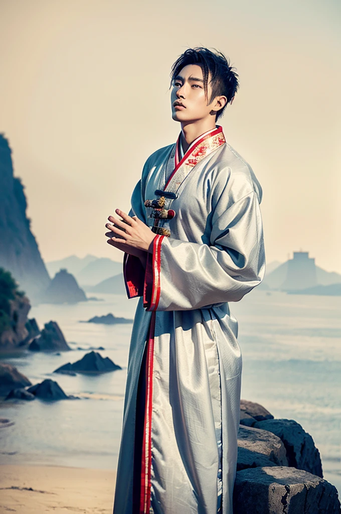 a handsome young man in ancient chinese clothing standing on a cliff, looking up at the sky with his hands behind his back, ink wash painting style, anime character, three chinese characters on the right side