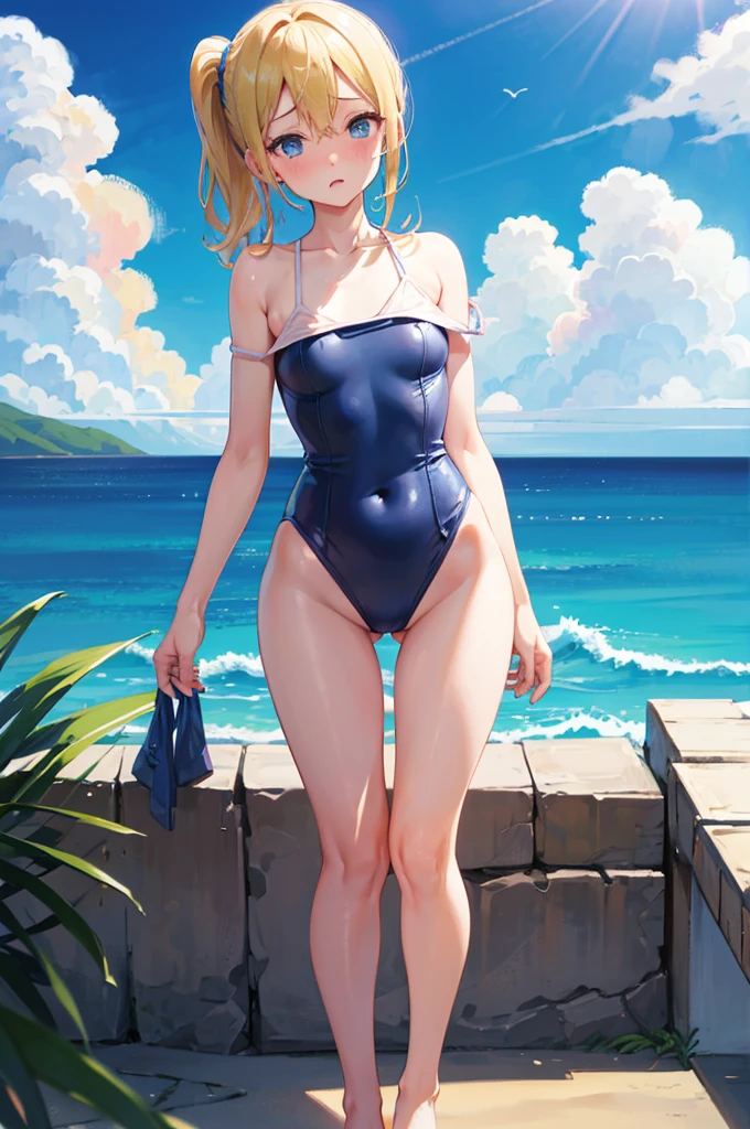 Cute Swimsuit,Random Swimsuit,Blushing、blondes、ponytail、pale blue eyes、Head to toe full body、Blushing、Embarrassed look、Composition from the front、A view from slightly below、school swimwear、Acme Face、Random pose、, 、nsfw、Highest quality、1 girl、solo、Ocean、Sandy Beach、Sexy pose、Random pose、Blushing、wet、Embarrassed、I can see half of my 、、One piece swimsuit、(Strap slip:1.3)、