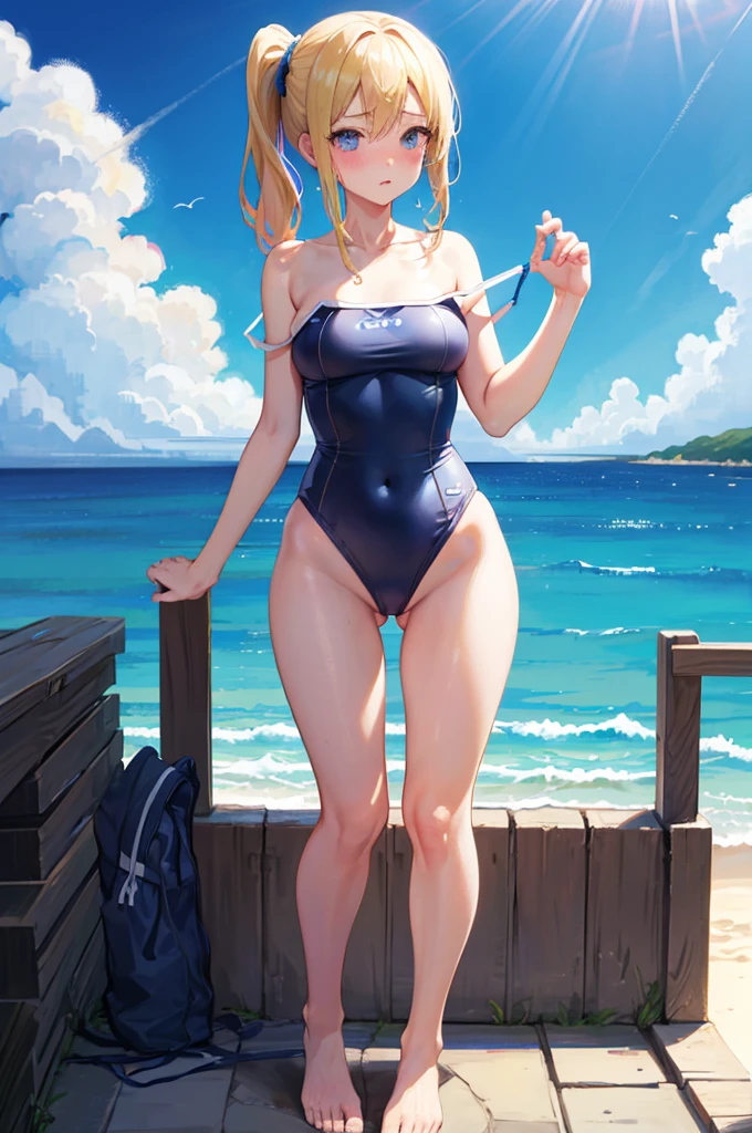 Cute Swimsuit,Random Swimsuit,Blushing、blondes、ponytail、pale blue eyes、Head to toe full body、Blushing、Embarrassed look、Composition from the front、A view from slightly below、school swimwear、Acme Face、Random pose、, 、nsfw、Highest quality、1 girl、solo、Ocean、Sandy Beach、y pose、Random pose、Blushing、wet、Embarrassed、I can see half of my 、、One piece swimsuit、(Strap slip:1.3)、