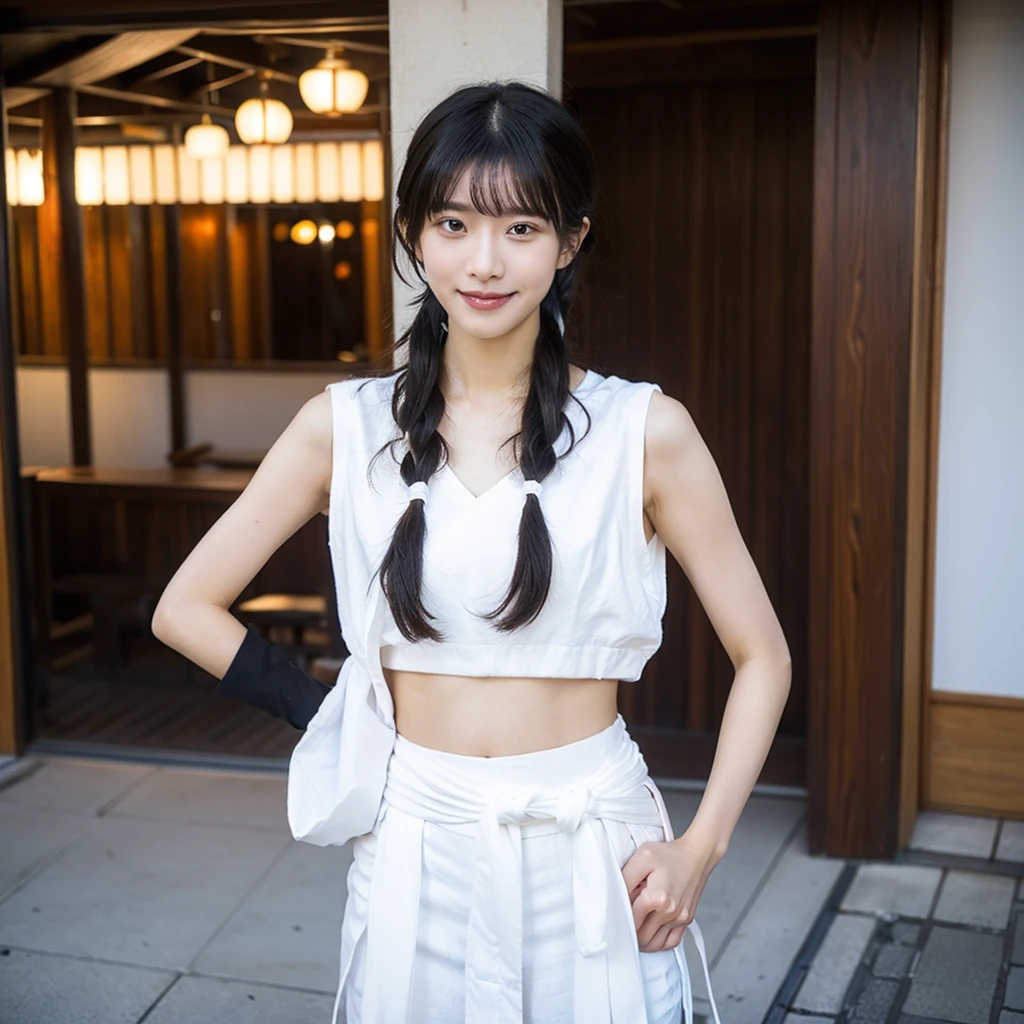 日本people、1people、The most beautiful woman、smile、Shyness、clear、Shiny black hair、((Standing with legs wide open))、Photo Style、length, bangs、Pigtails、light makeup、Standard face、(((Wearing a white Etchu loincloth)))、((Light clothing:0.5))、(She is hiding her breasts by wrapping a cloth around her chest.)、Summer festival、 ((Showing off the knot of his loincloth)), 32K, Raw photo、Highest quality、Spectacular views